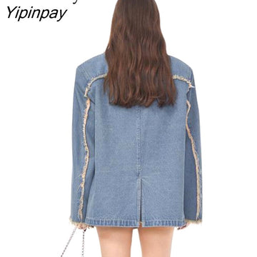 Yipinpay 2023 Winter Streetwear Long Sleeve Demin Blazer Women Oversize Distressed Ladies Suit Blazers Fall Female Coat Clothing
